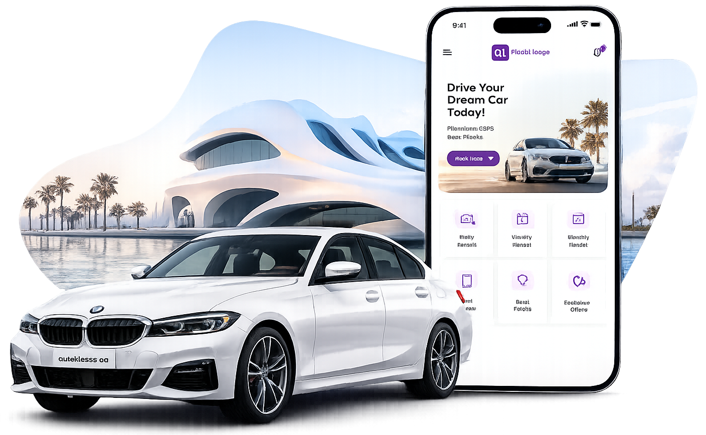 Quick Lease mobile app displayed beside a white sedan