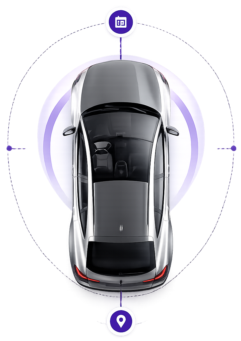 Top view of a car illustrating the three-step booking process