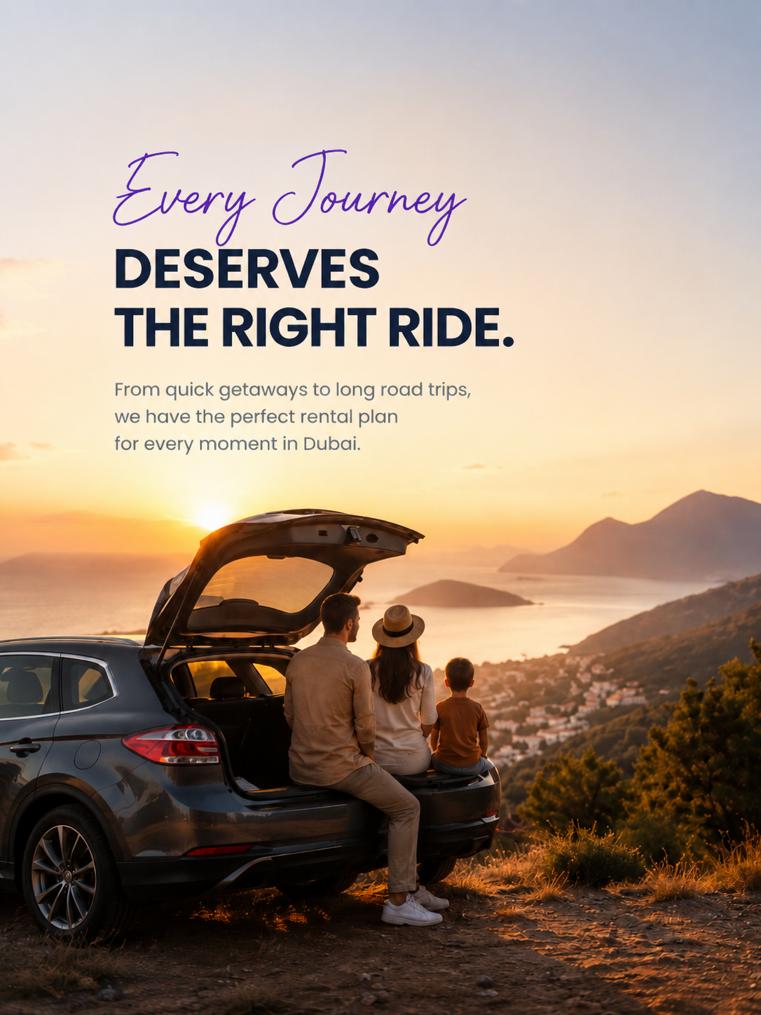 Family enjoying a road trip at sunset