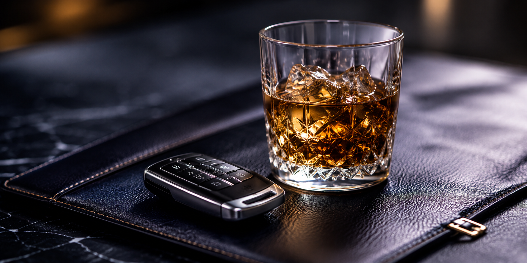 Car key next to a drink