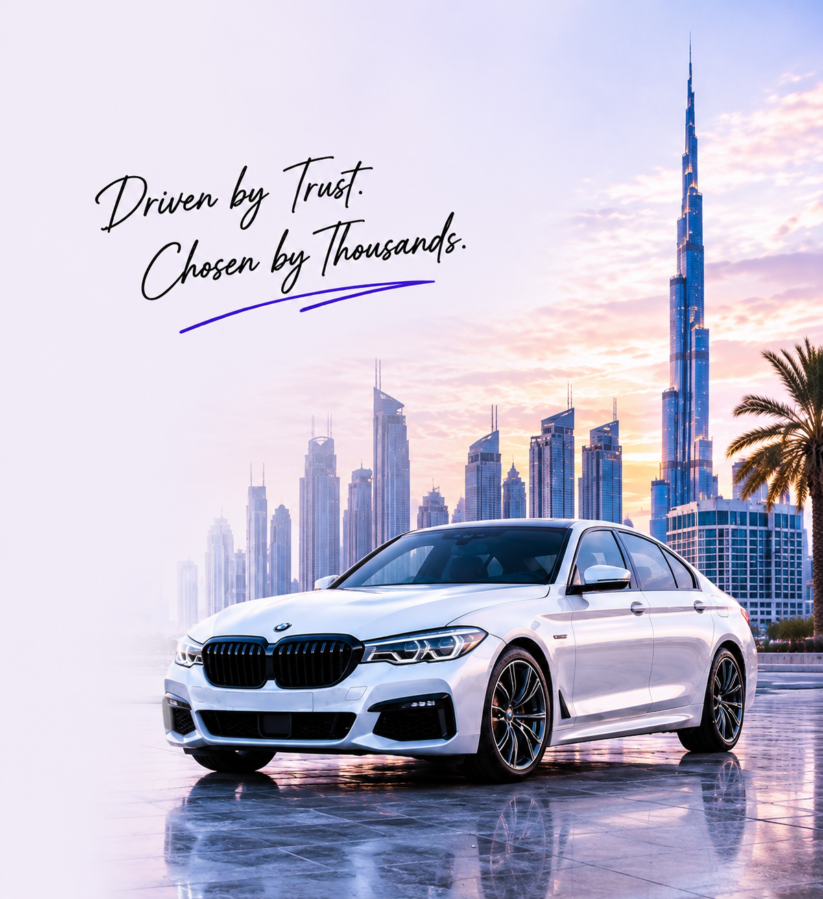 White sedan in Dubai skyline